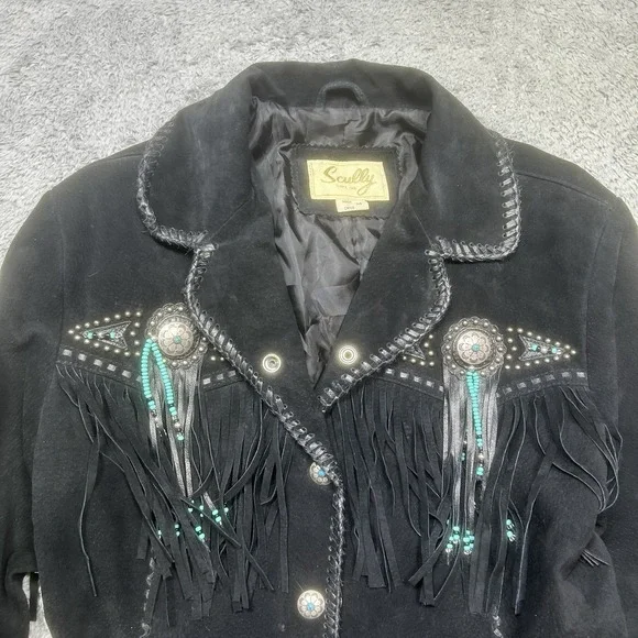 Vintage Scully Jacket Womens M Black Leather Western Fringe Studded Beaded Suede - Picture 5 of 16